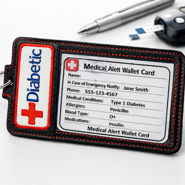 Diabetic Medical Alert Card Holder Wallet 15 x 8cm – Black & Red embroidered