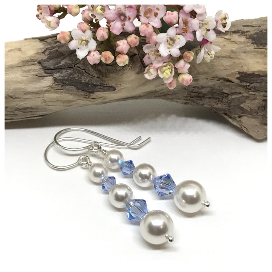Pearl and Crystal Earrings, Sterling Silver, Blue Crystals