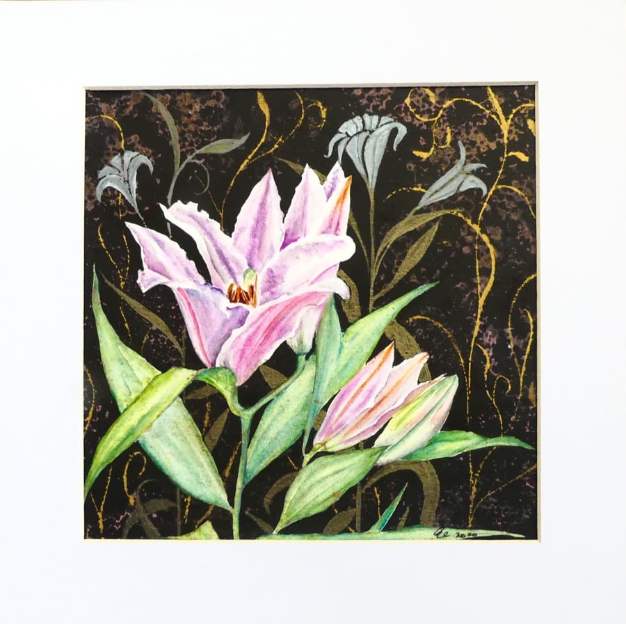 Asiatic Lily Decorative Botanical Watercolour Painting Square Fine Art