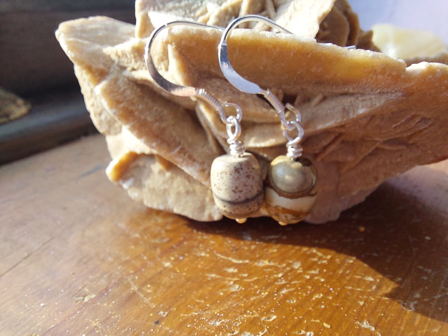 Sterling Silver Picture Jasper Barrel Earrings