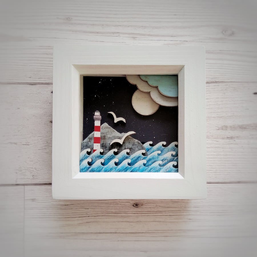 Lighthouse on the Rock Diorama Picture, Nautical Shadow Box