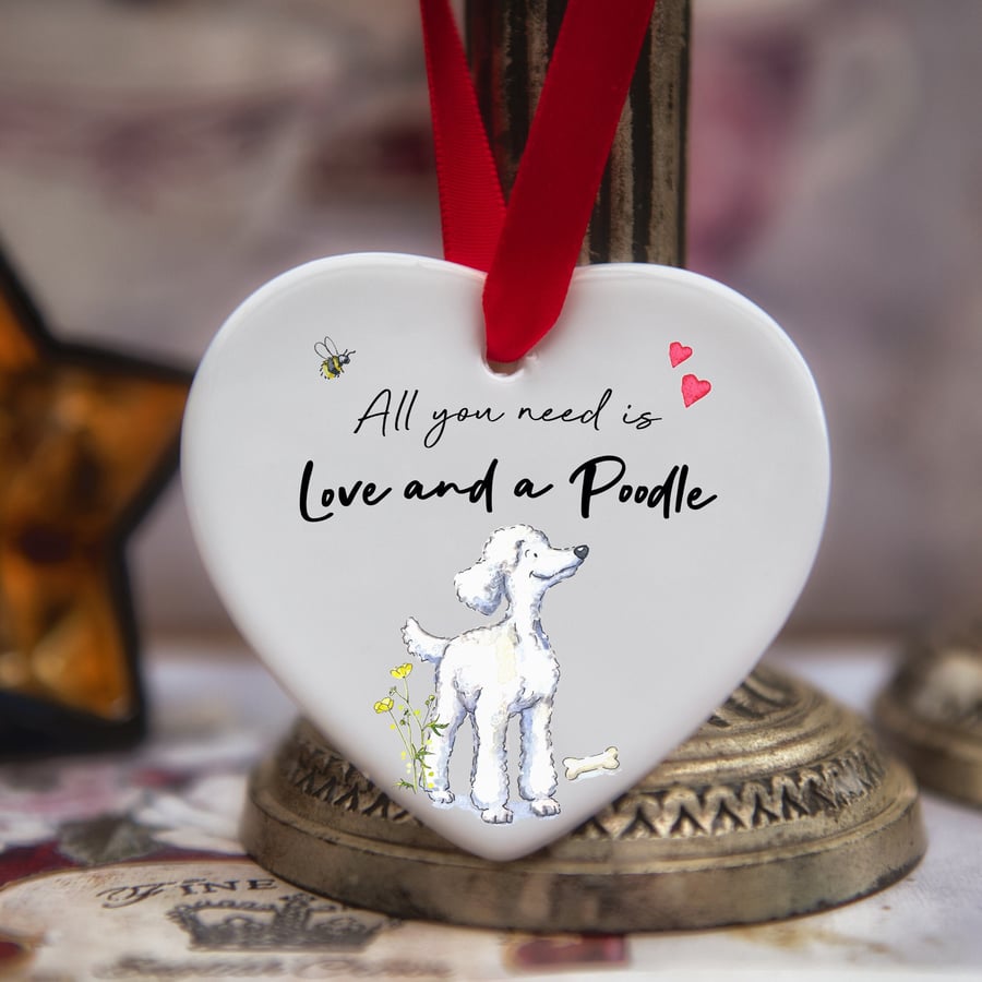 Love and a Poodle White Ceramic Heart