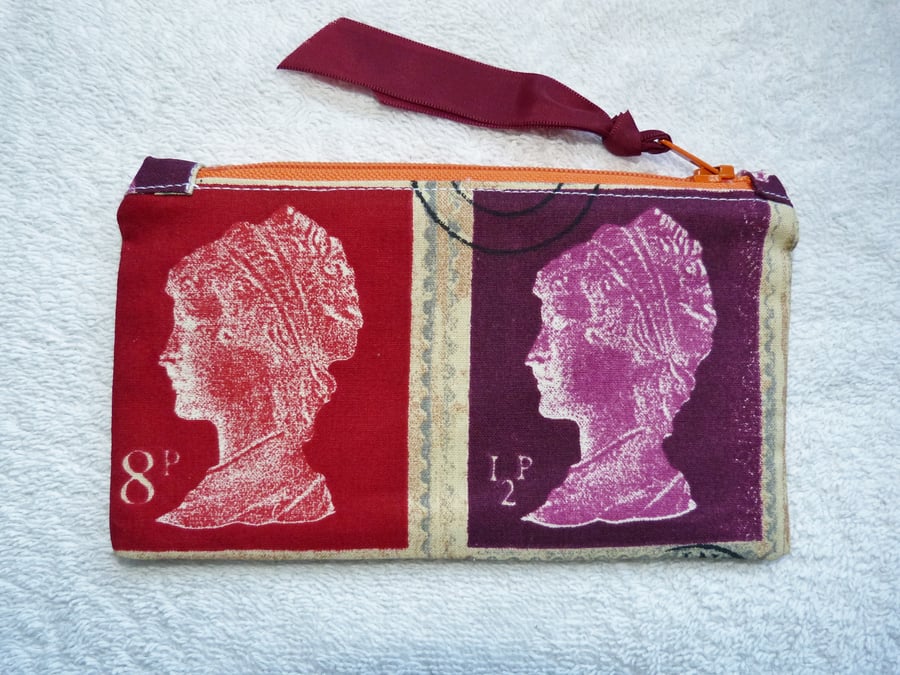 Small Zipped Purse in Prestigious Stamp Print Cotton.  Red and Purple.