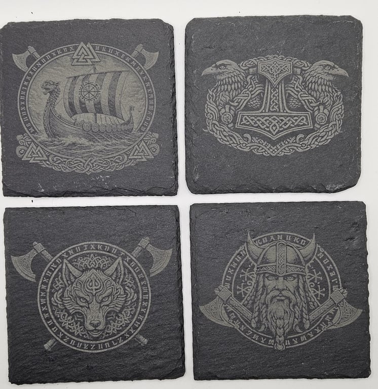 Viking Nordic Slate Coasters Set of 4 Engraved Norse Rune Drink Coasters Gift fo