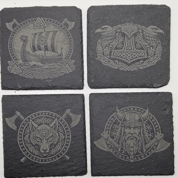 Viking Nordic Slate Coasters Set of 4 Engraved Norse Rune Drink Coasters Gift fo