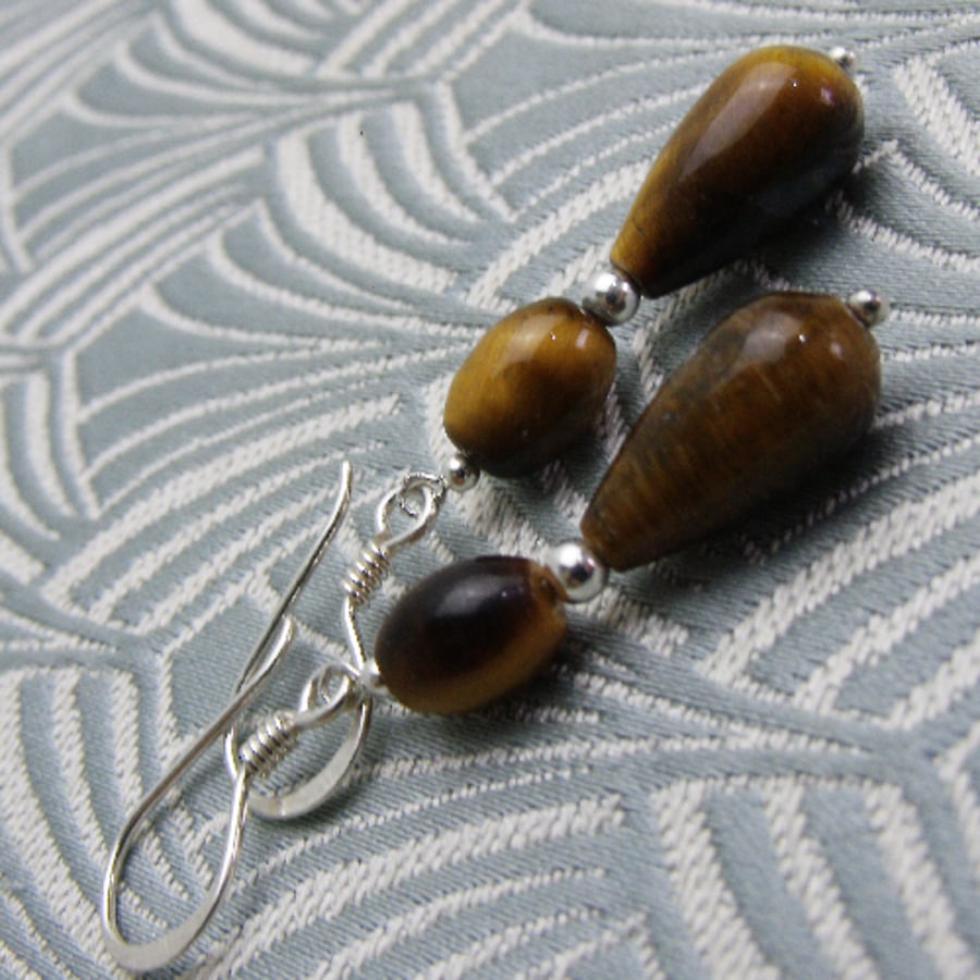 Tigers Eye Earrings, Semi-Precious Stone Earrings, Brown Dangle Earring CC88