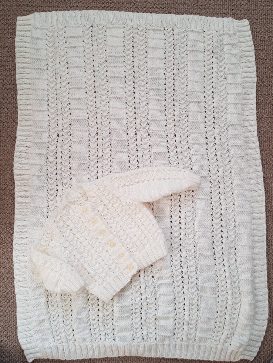 Hand Knitted Cream Baby Blanket and Cardigan Set