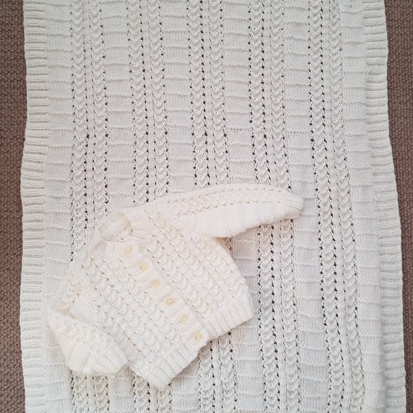 Hand Knitted Cream Baby Blanket and Cardigan Set