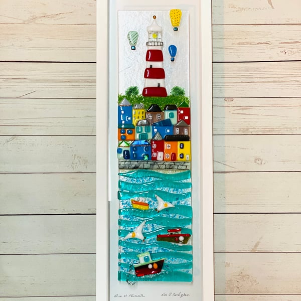 Fused glass coastal art - plymouth light house 