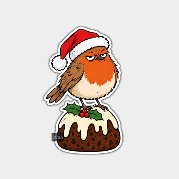 Unique Funny Christmas Sticker Xmas Decal - Grumpy Robin On Pudding 