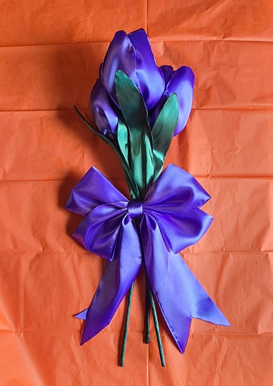 Beautiful Trio of Large Purple Ribbon Tulips - Purple Bow. Faux Flowers