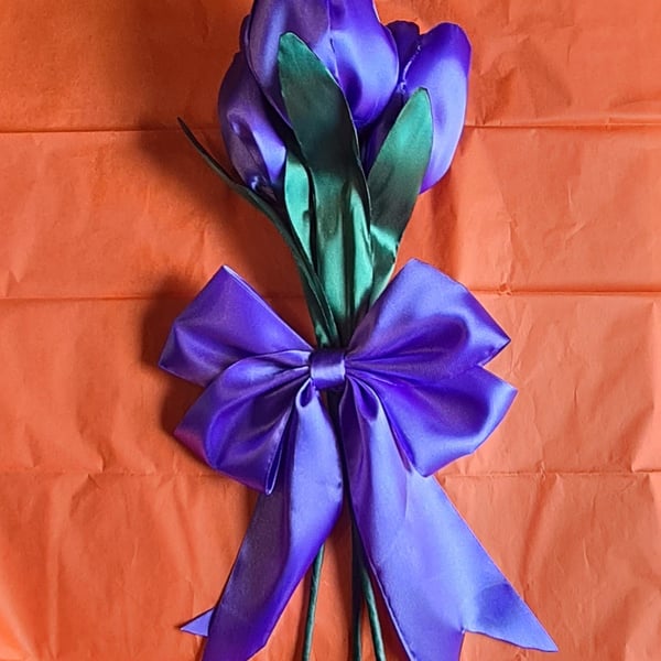 Beautiful Trio of Large Purple Ribbon Tulips - Purple Bow. Faux Flowers