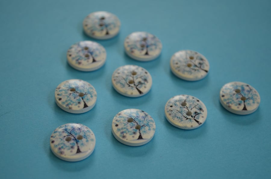 15mm Wooden Tree Blossom Buttons Blue White 10pk Leaves (ST11)