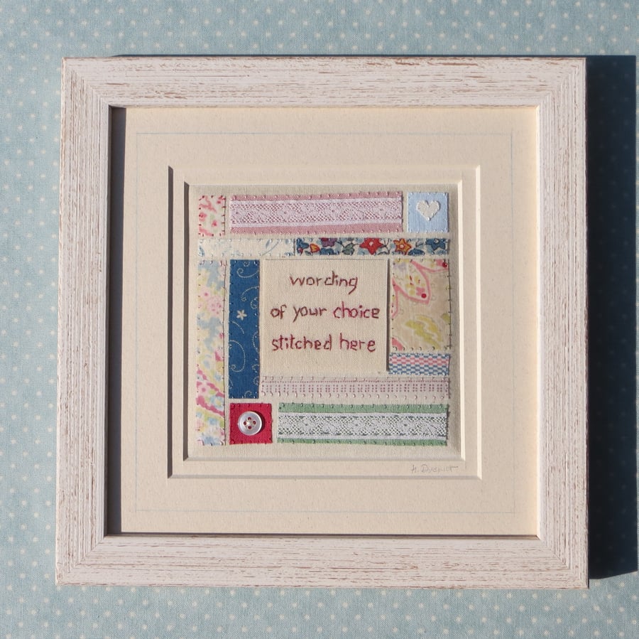 Heirloom Sampler with personalised hand-stitched text, vintage fabrics