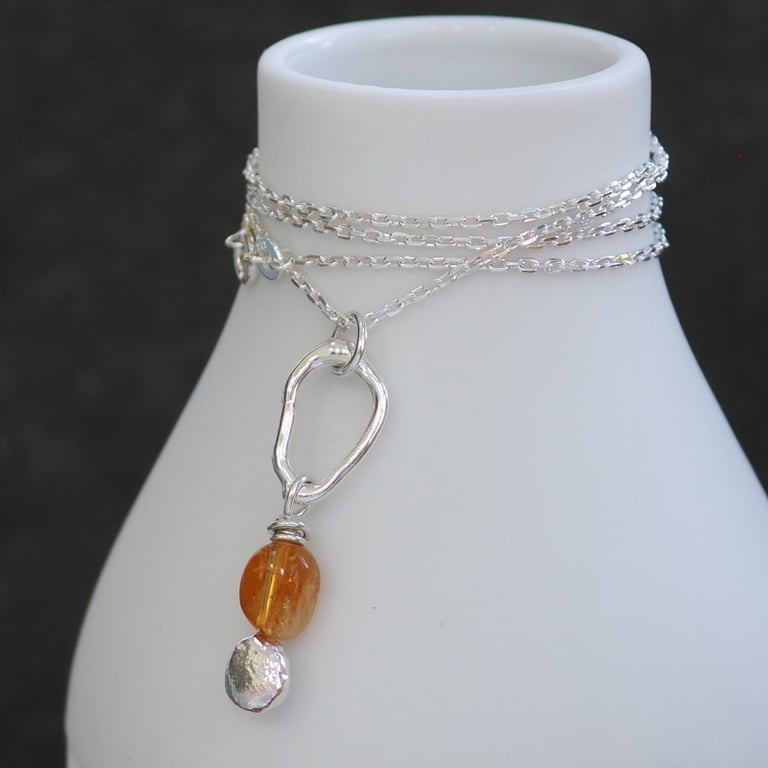 Citrine drop necklace, molten sterling silver hoop, pendant necklace