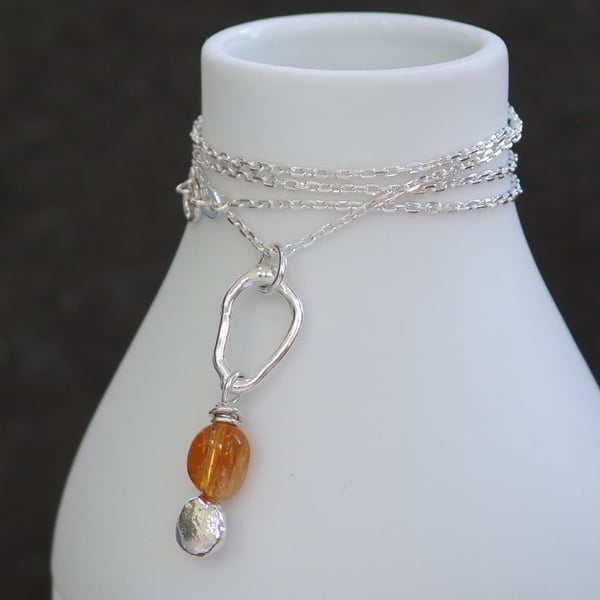 Citrine drop necklace, molten sterling silver hoop, pendant necklace