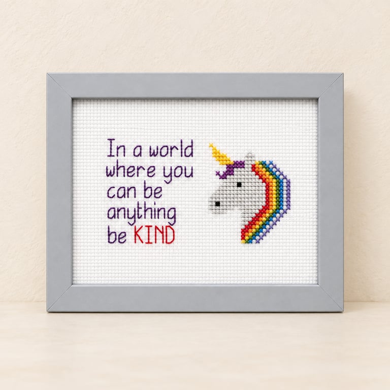 Be Kind Unicorn Cross Stitch – Handmade Framed Inspirational Gift 