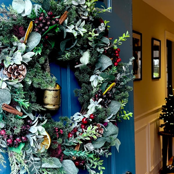 Luxury Christmas Faux Wreath with Bell: Rustic Farmhouse Door Decor (55cm)