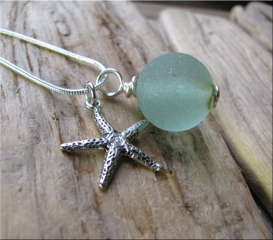 Sea glass marble pendant with starfish