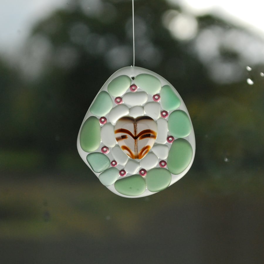 Mosaic beach glass sun catcher with peach heart