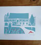 Hospitium York, Wedding venue, Lino Print. Original Linocut Teal and Red - Image 3