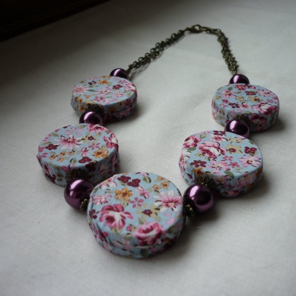 FLORAL DUCK EGG, WINE AND ANTIQUE BRONZE FABRIC COVERED BEAD NECKLACE.  1005