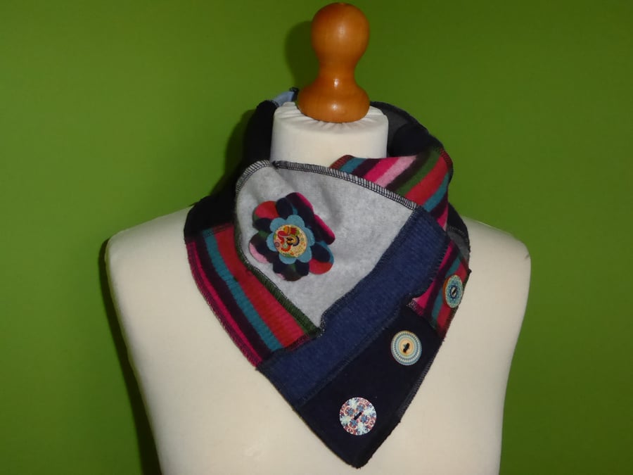 Neck Warmer Scarf with 3 button Trim. Up-cycled Cowl. Felt Flower. Blue