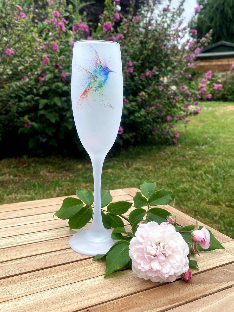 Hummingbird Watercolour Motif, Frosted Glass Champagne Flute, Prosecco Glass. By