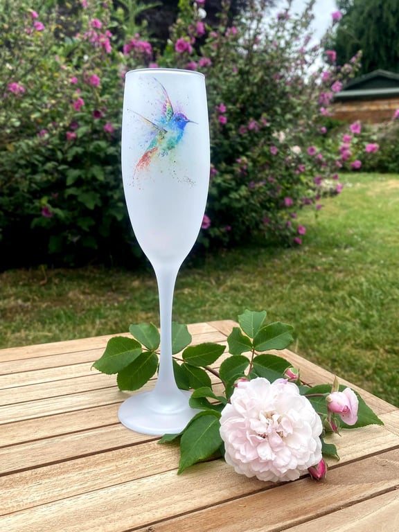 Hummingbird Watercolour Motif, Frosted Glass Champagne Flute, Prosecco Glass. By