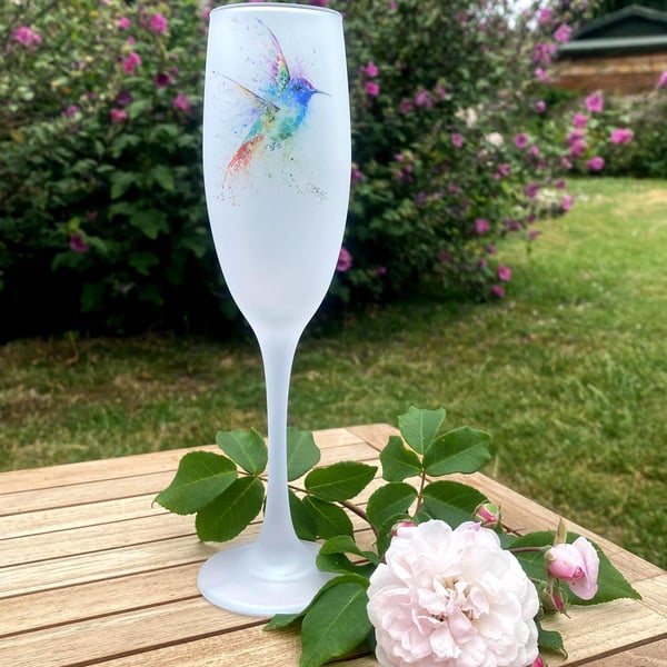 Hummingbird Watercolour Motif, Frosted Glass Champagne Flute, Prosecco Glass. By