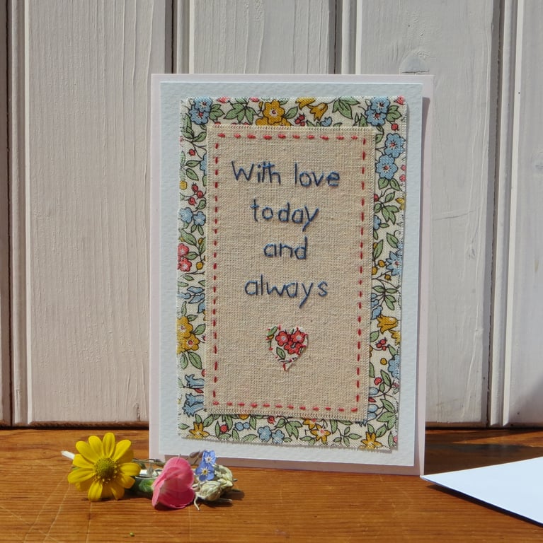 Hand stitched card, pretty, detailed work, Liberty fabric, a card to keep