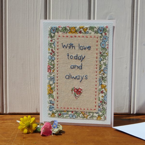 Hand stitched card, pretty, detailed work, Liberty fabric, a card to keep