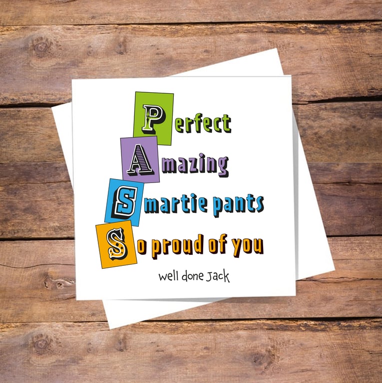 Pass card - exams, driving test, you did it, well done card, free postage