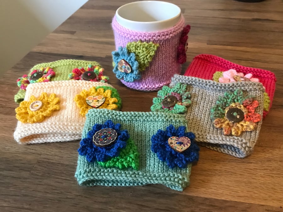 Knitted Flowers Mug Cosies 