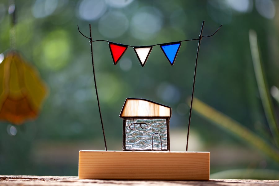Stained glass house and bunting suncatcher ornament whimsical house warming gift