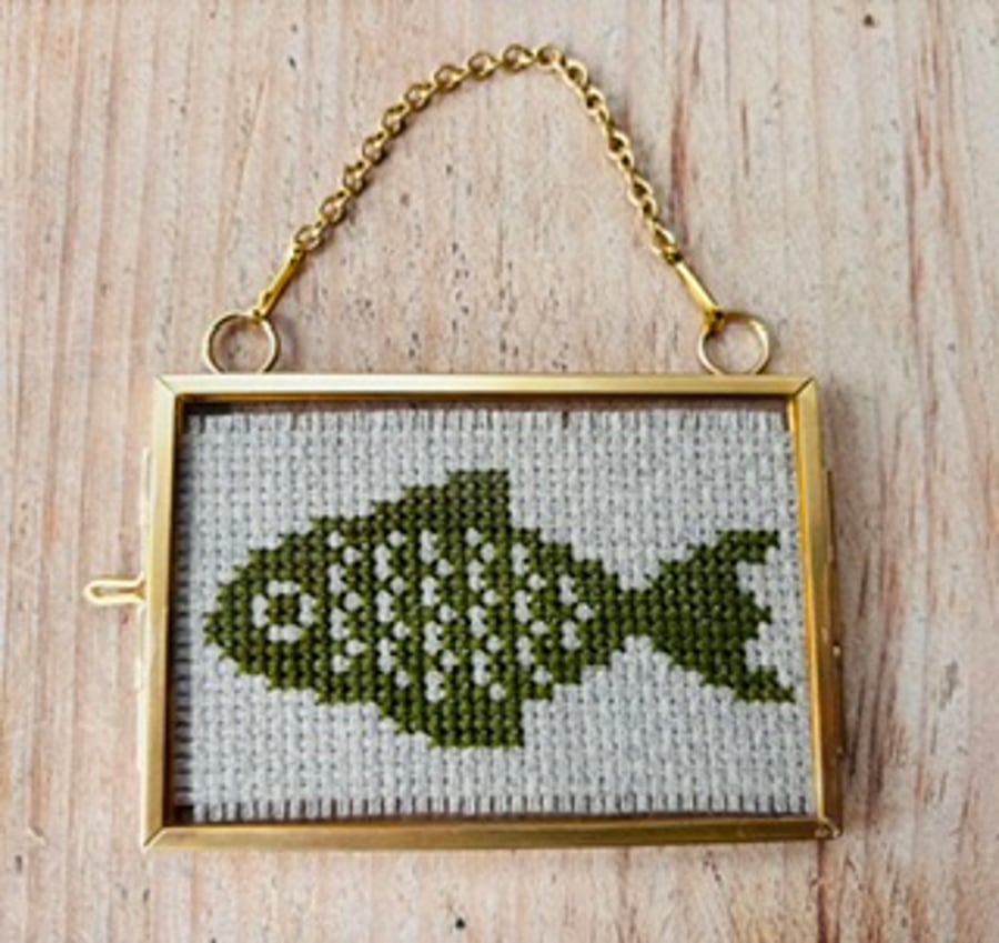 Miniature Olive Green Framed Fish Embroidery