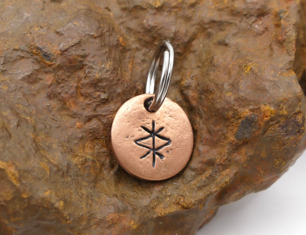 Recycled Round Copper Protection Bindrune Split Keyring Charm, Bag Charm.