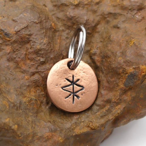 Recycled Round Copper Protection Bindrune Split Keyring Charm, Bag Charm.