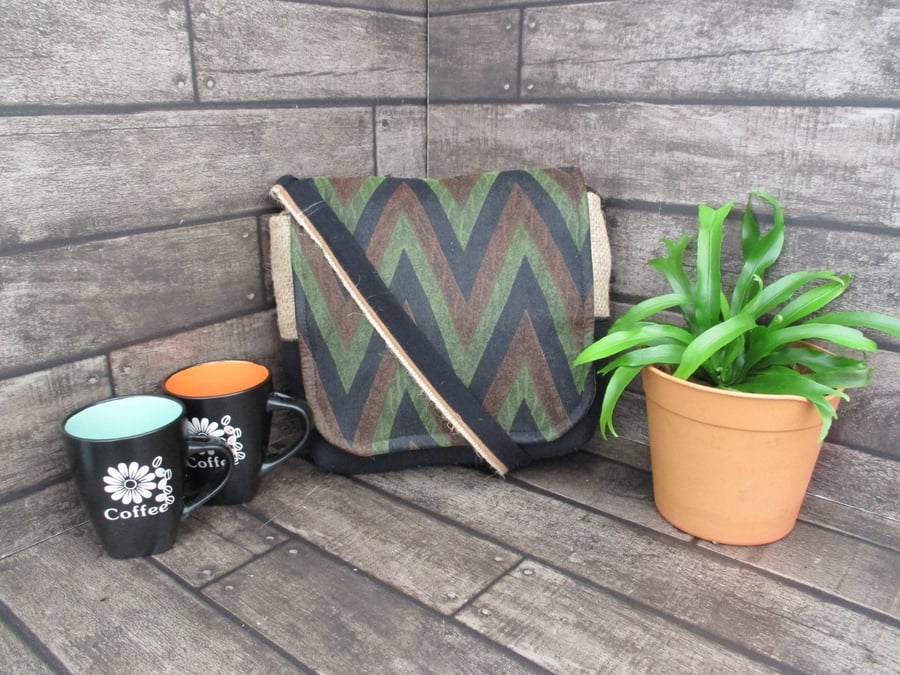 Upcycled Coffee Sack -  Crossbody Shoulder Bag - Green black and brown zigzag