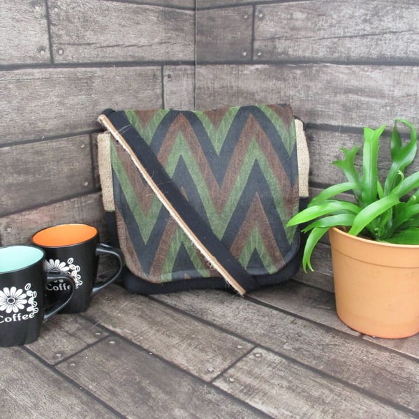 Upcycled Coffee Sack -  Crossbody Shoulder Bag - Green black and brown zigzag