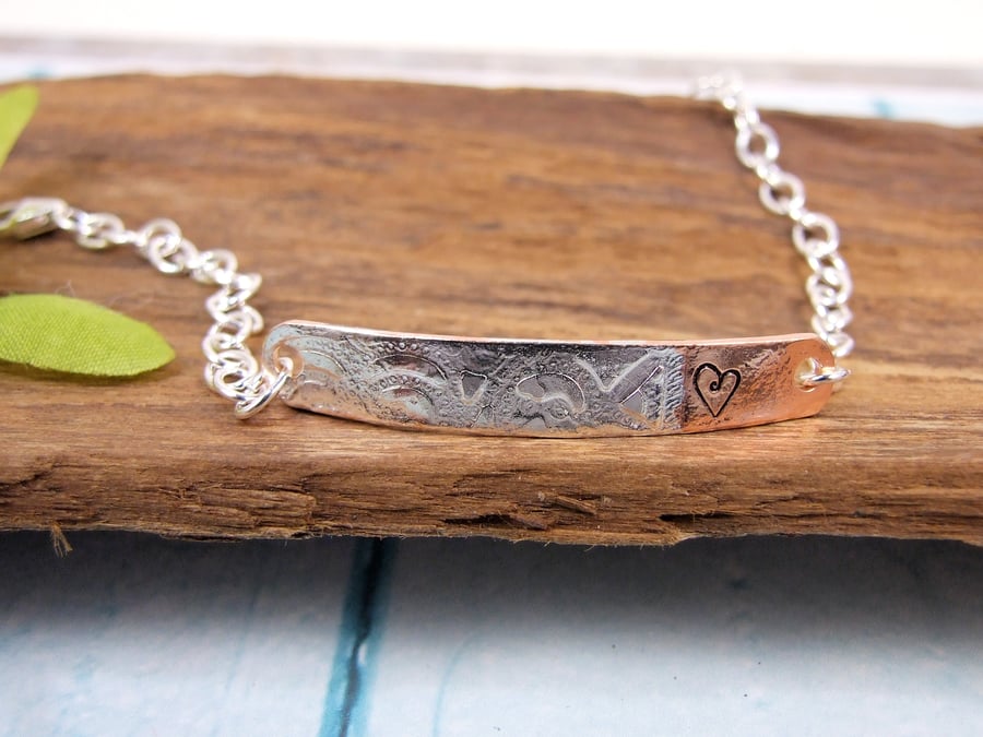 Sterling Silver and Copper Slim Bar Bracelet, Hand forged and patterened