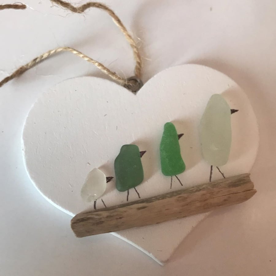 Seaglass Bird Family Heart Hangie