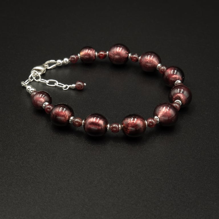 Murano plum garnet and sterling silver Venetian glass handmade bracelet