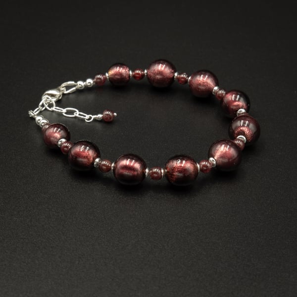 Murano plum garnet and sterling silver Venetian glass handmade bracelet
