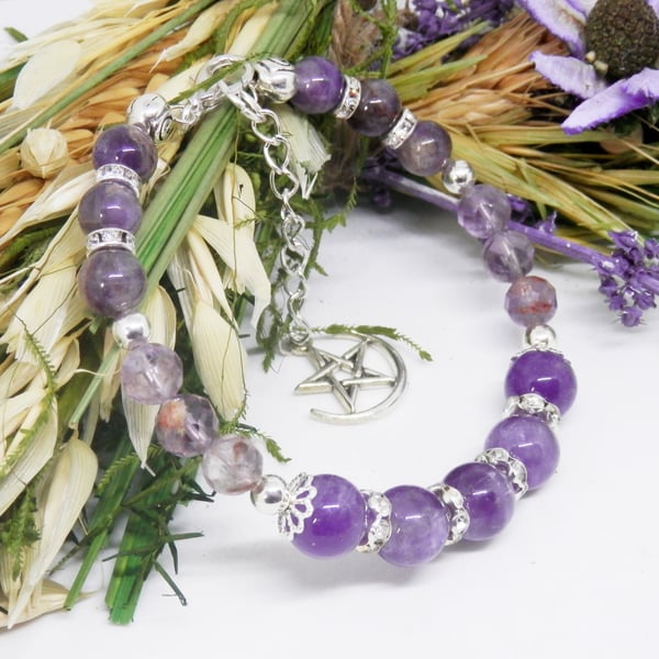 Purple Cacoxenite Memory Wire Beaded Bracelet