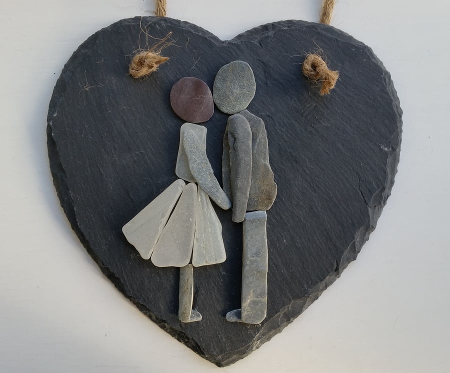 Kissing Couple on Slate Heart, Pebble Art,  Anniversary Gift, Engagement Gift, 