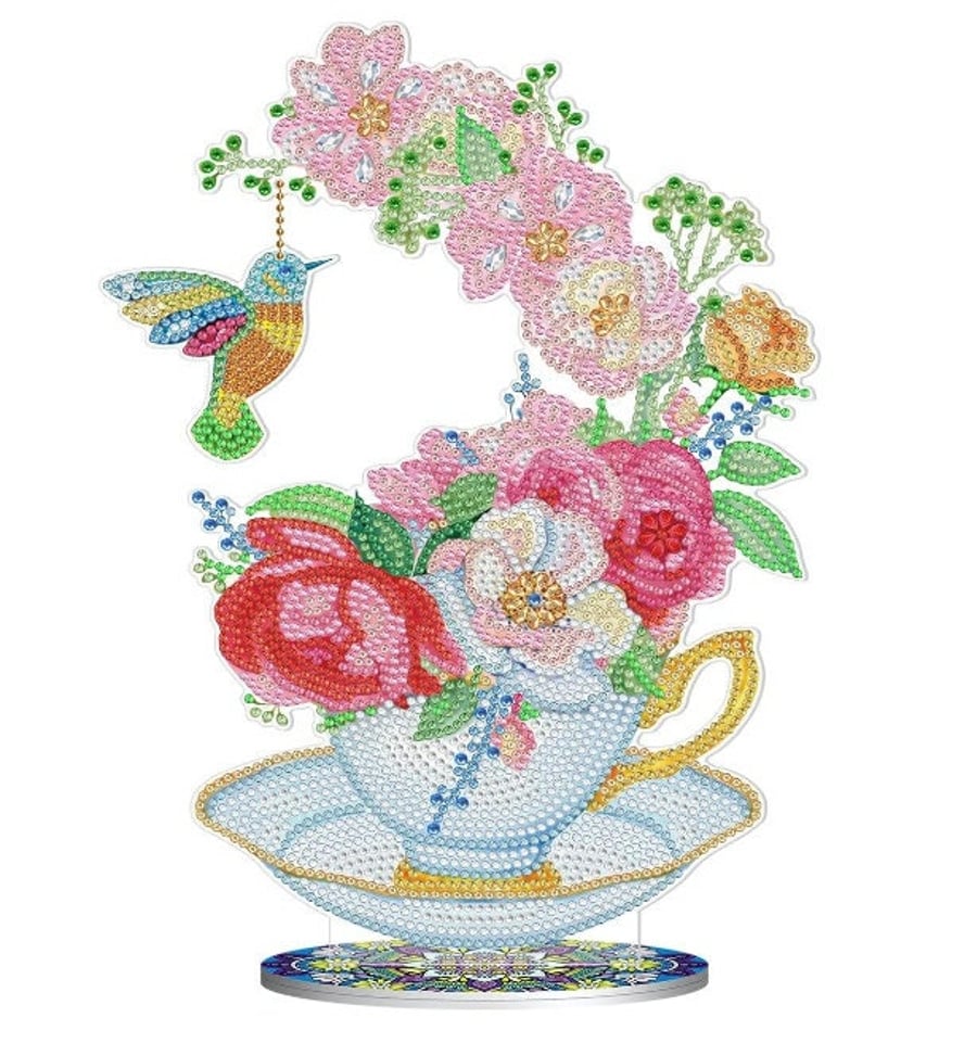 5D DIY Hummingbird in Floral Teacup Diamond Art Kit Crystal Embroidery Rhineston