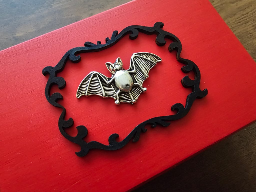 Vampire Bat Red Wooden Jewellery, Trinket, Keepsafe Box