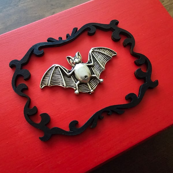 Vampire Bat Red Wooden Jewellery, Trinket, Keepsafe Box