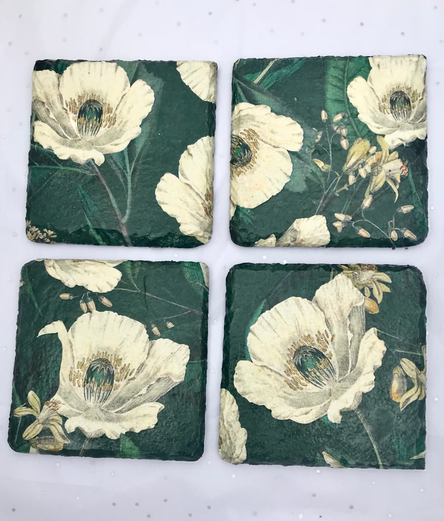 Set of 4 slate coasters- White poppies